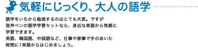 語学をいちから勉強するのはとても大変。ですが、音声ペンの語学学習セットなら、身近な語学から気楽に学習できます。